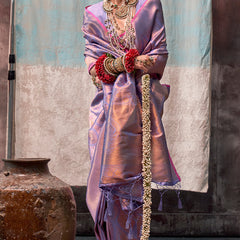 Pleasant Lavender Kanjivaram Silk Saree With Ideal Blouse Piece