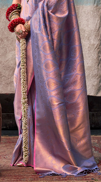 Pleasant Lavender Kanjivaram Silk Saree With Ideal Blouse Piece
