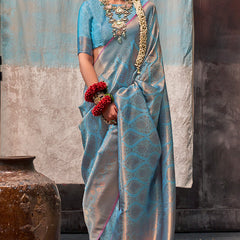 Demesne Firozi Kanjivaram Silk Saree With Imbrication Blouse Piece