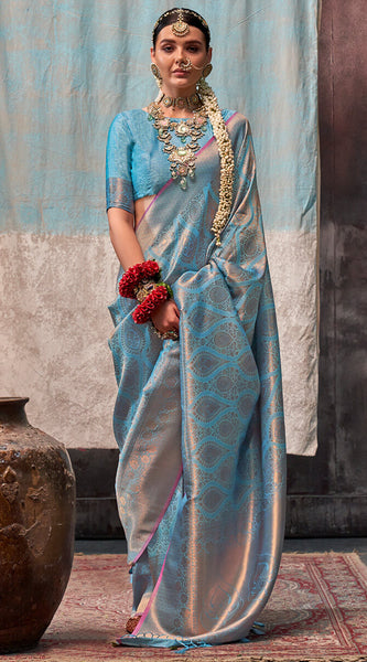 Demesne Firozi Kanjivaram Silk Saree With Imbrication Blouse Piece