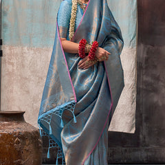 Demesne Firozi Kanjivaram Silk Saree With Imbrication Blouse Piece