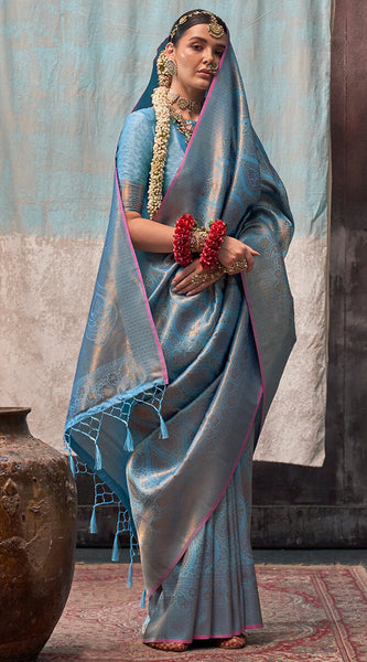 Demesne Firozi Kanjivaram Silk Saree With Imbrication Blouse Piece