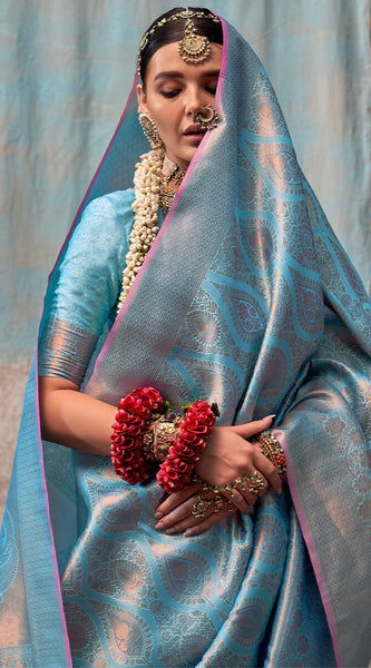 Demesne Firozi Kanjivaram Silk Saree With Imbrication Blouse Piece