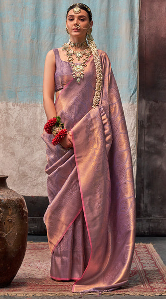Sempiternal Lavender Kanjivaram Silk Saree With Snazzy Blouse Piece