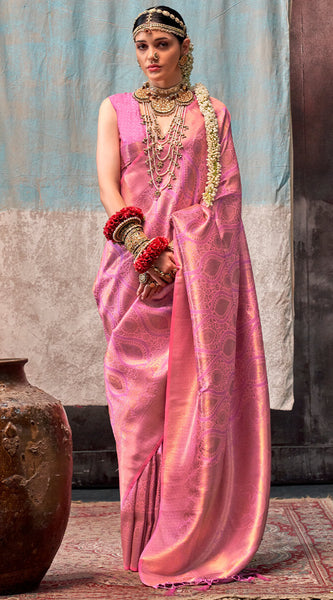 Dissemble Pink Kanjivaram Silk Saree With Ephemeral Blouse Piece
