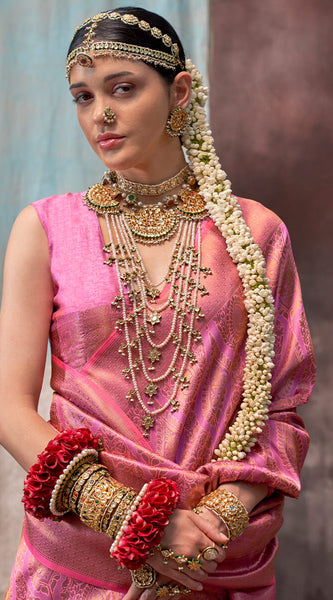 Dissemble Pink Kanjivaram Silk Saree With Ephemeral Blouse Piece