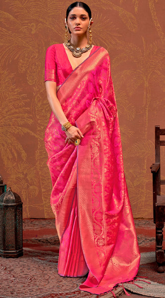 Trendy Dark Pink Kanjivaram Silk Saree With Flattering Blouse Piece