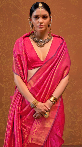 Trendy Dark Pink Kanjivaram Silk Saree With Flattering Blouse Piece