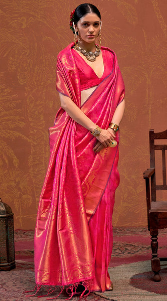 Trendy Dark Pink Kanjivaram Silk Saree With Flattering Blouse Piece