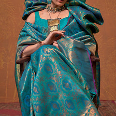 Precious Firozi Kanjivaram Silk Saree With Gleaming Blouse Piece
