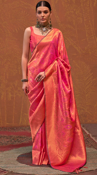 Intricate Pink Kanjivaram Silk Saree With Smart Blouse Piece