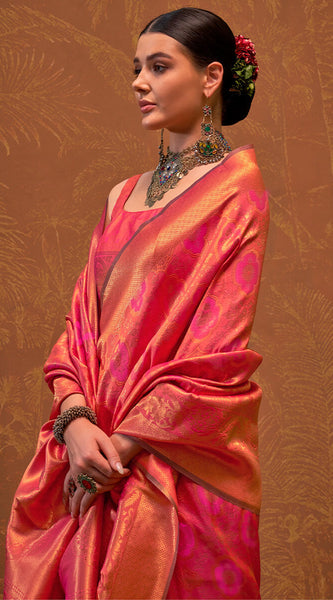 Intricate Pink Kanjivaram Silk Saree With Smart Blouse Piece