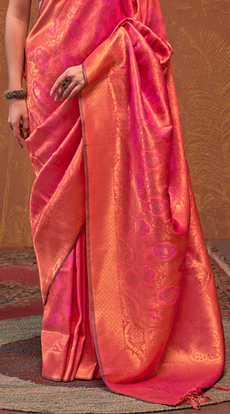Intricate Pink Kanjivaram Silk Saree With Smart Blouse Piece