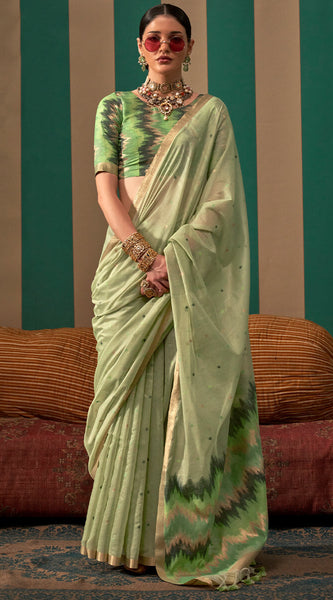 Engaging Pista Cotton Silk Saree With Transcendent Blouse Piece