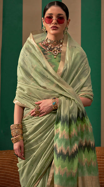Engaging Pista Cotton Silk Saree With Transcendent Blouse Piece