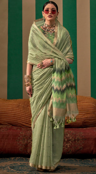 Engaging Pista Cotton Silk Saree With Transcendent Blouse Piece