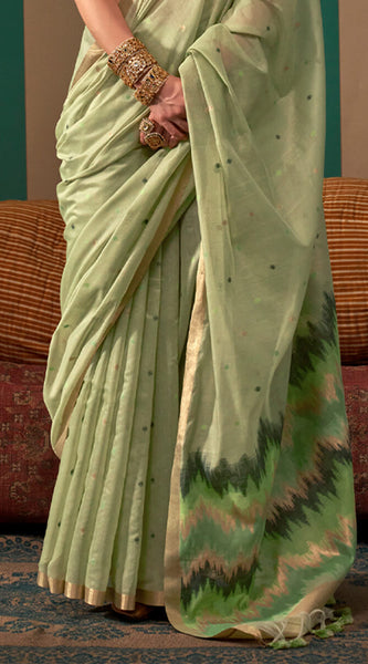 Engaging Pista Cotton Silk Saree With Transcendent Blouse Piece