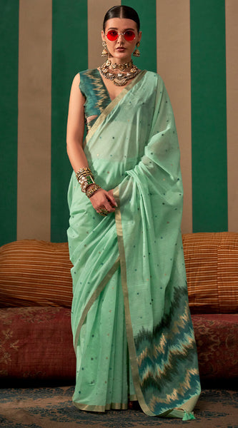 Alluring Sea Green Cotton Silk Saree With Incomparable Blouse Piece