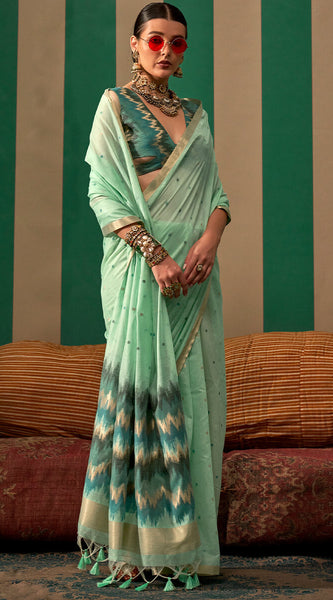 Alluring Sea Green Cotton Silk Saree With Incomparable Blouse Piece