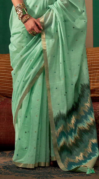 Alluring Sea Green Cotton Silk Saree With Incomparable Blouse Piece