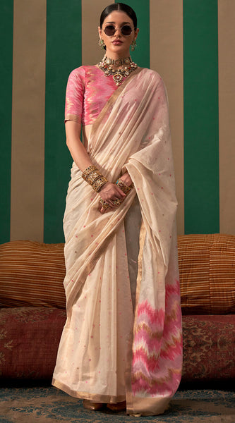 Snappy Beige Cotton Silk Saree With Confounding Blouse Piece