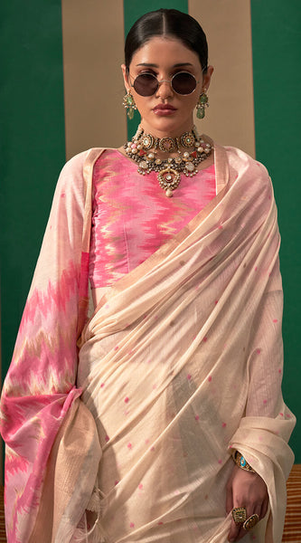 Snappy Beige Cotton Silk Saree With Confounding Blouse Piece