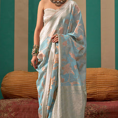Lagniappe Sky Cotton Silk Saree With Pleasurable Blouse Piece