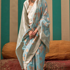Lagniappe Sky Cotton Silk Saree With Pleasurable Blouse Piece