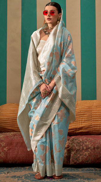 Lagniappe Sky Cotton Silk Saree With Pleasurable Blouse Piece