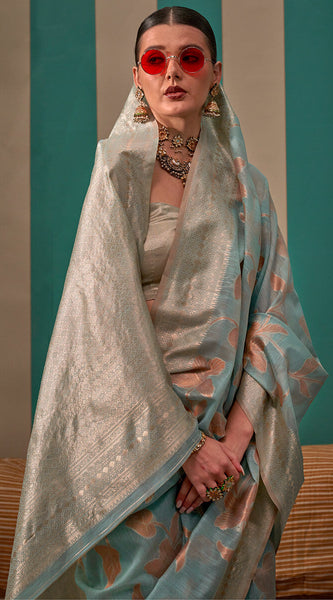 Lagniappe Sky Cotton Silk Saree With Pleasurable Blouse Piece
