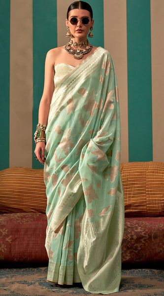 Embellished Pista Cotton Silk Saree With Whimsical Blouse Piece