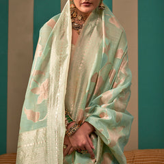 Embellished Pista Cotton Silk Saree With Whimsical Blouse Piece