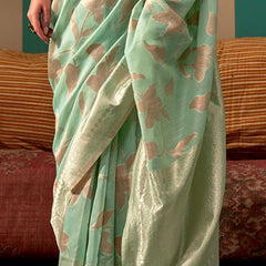 Embellished Pista Cotton Silk Saree With Whimsical Blouse Piece