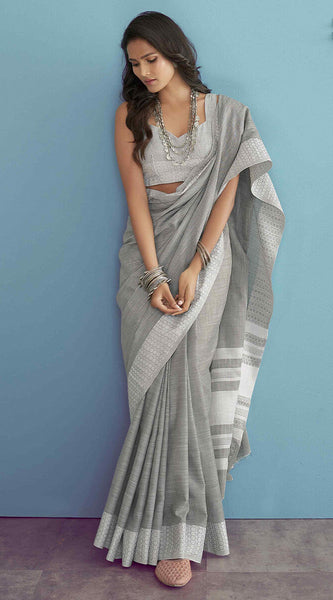 Innovative Grey Lucknowi Silk Saree With Phenomenal Blouse Piece