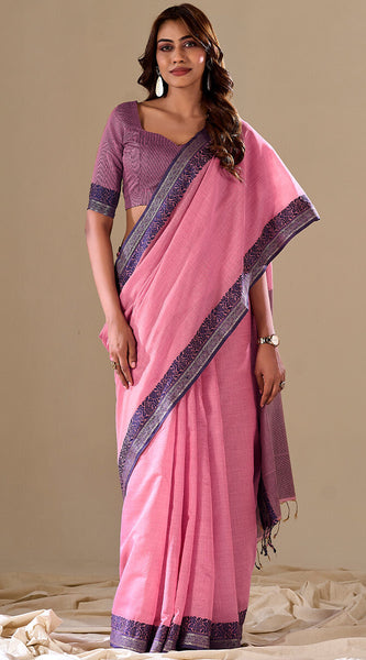 Sophisticated Baby Pink Cotton Silk Saree With Gleaming Blouse Piece