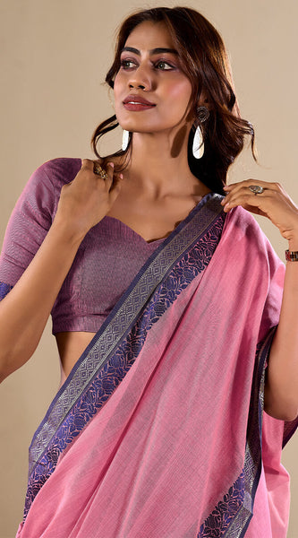 Sophisticated Baby Pink Cotton Silk Saree With Gleaming Blouse Piece