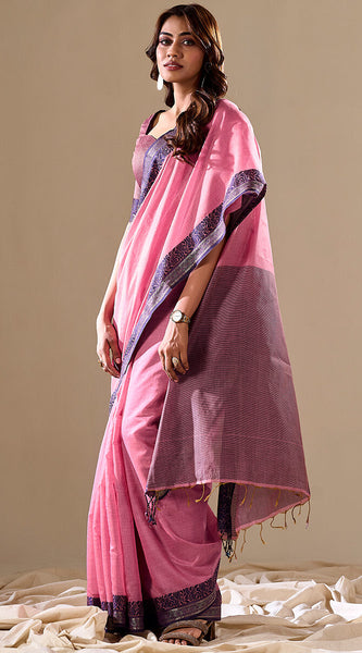 Sophisticated Baby Pink Cotton Silk Saree With Gleaming Blouse Piece