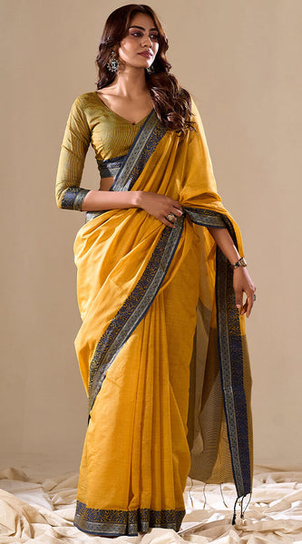 Energetic Yellow Cotton Silk Saree With Attractive Blouse Piece