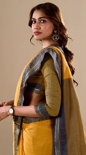 Energetic Yellow Cotton Silk Saree With Attractive Blouse Piece