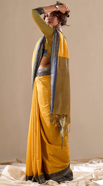 Energetic Yellow Cotton Silk Saree With Attractive Blouse Piece