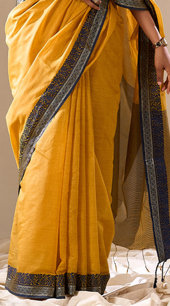 Energetic Yellow Cotton Silk Saree With Attractive Blouse Piece