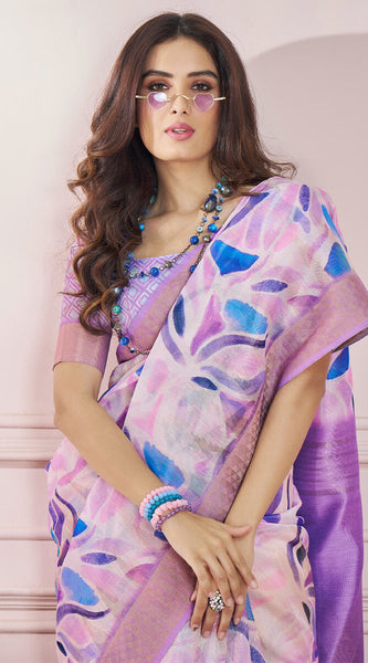 Refreshing Lavender Digital Printed Soft Silk Saree With Adorning Blouse Piece