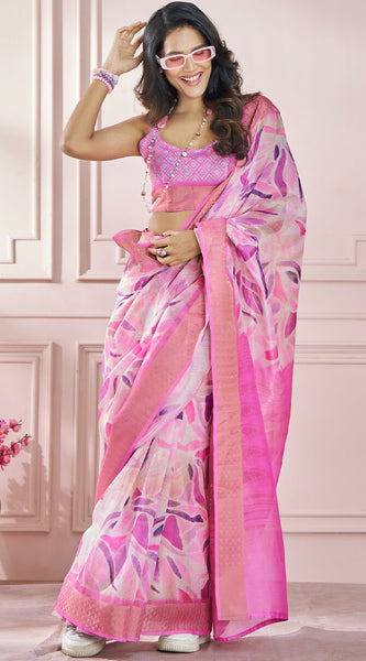 Intricate Pink Digital Printed Soft Silk Saree With Engrossing Blouse Piece