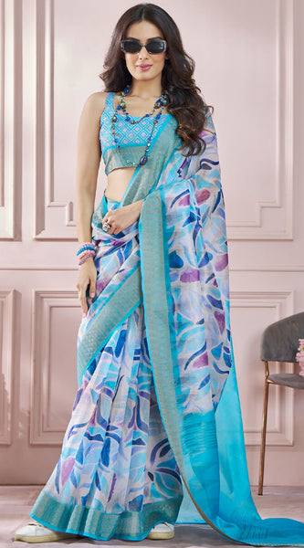 Delightful Firozi Digital Printed Soft Silk Saree With Entrancing Blouse Piece