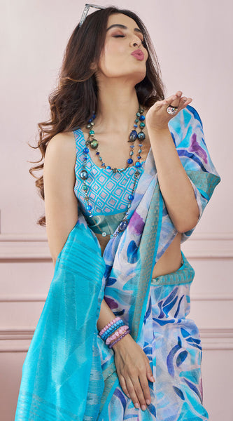 Delightful Firozi Digital Printed Soft Silk Saree With Entrancing Blouse Piece
