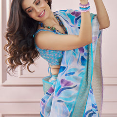 Delightful Firozi Digital Printed Soft Silk Saree With Entrancing Blouse Piece