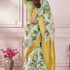 Bewitching Mustard Digital Printed Soft Silk Saree With Cynosure Blouse Piece