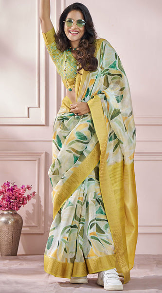 Bewitching Mustard Digital Printed Soft Silk Saree With Cynosure Blouse Piece
