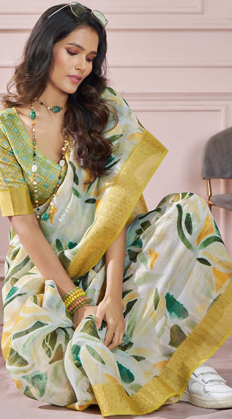 Bewitching Mustard Digital Printed Soft Silk Saree With Cynosure Blouse Piece