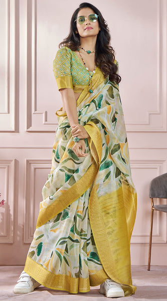 Bewitching Mustard Digital Printed Soft Silk Saree With Cynosure Blouse Piece